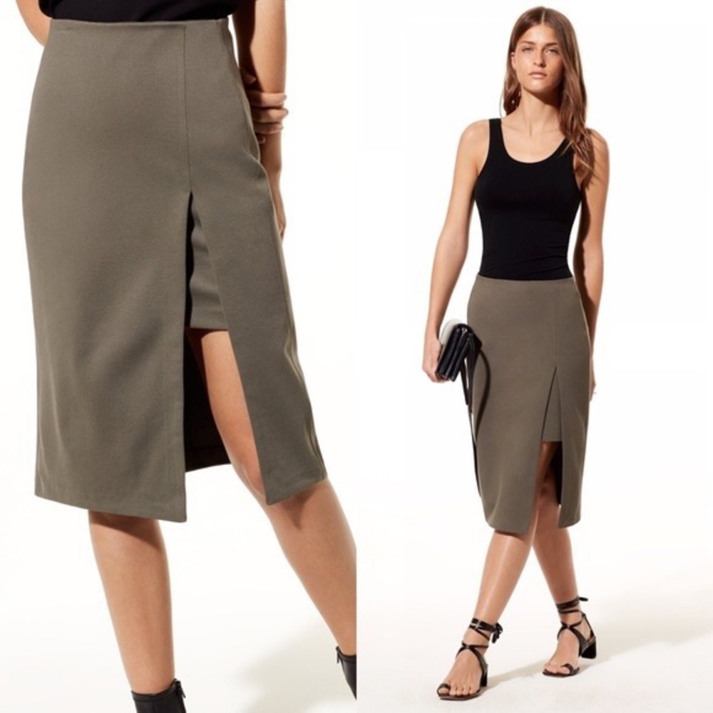 Babaton Olive Green Front-Slit Midi Skirt